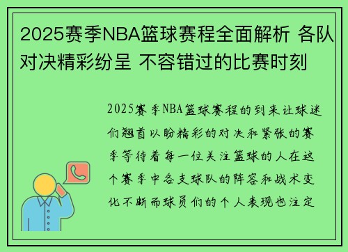 2025赛季NBA篮球赛程全面解析 各队对决精彩纷呈 不容错过的比赛时刻