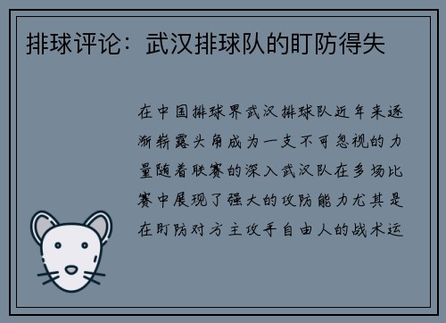 排球评论：武汉排球队的盯防得失