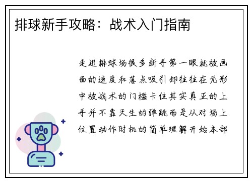 排球新手攻略：战术入门指南