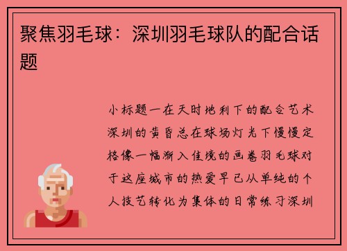 聚焦羽毛球：深圳羽毛球队的配合话题